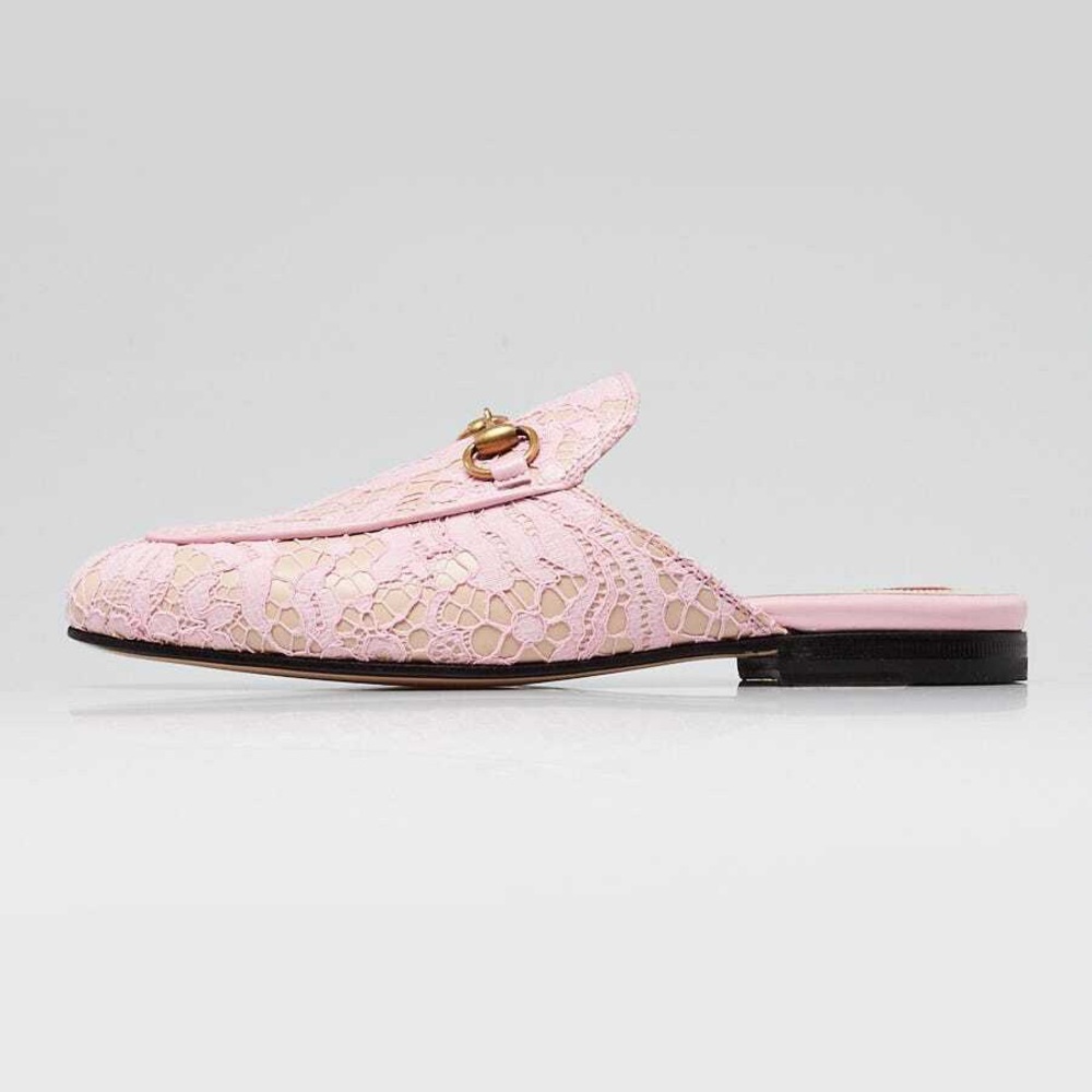 Gucci Pink Lace and Leather Princetown Mules - Picture 2 of 7